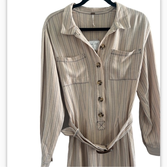 Free People Aubrey Belted Striped Shirtdress in Khaki Combo - Picture 9 of 14